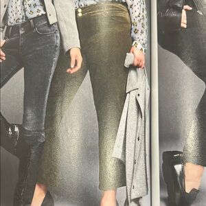 CAbi F24 Goldish High-Low Green Cropped Pants in velvet fabric